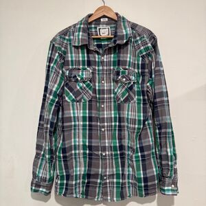 BKE Mens Green Pearl Snap Western Button Down Size X-Large Slim Fit